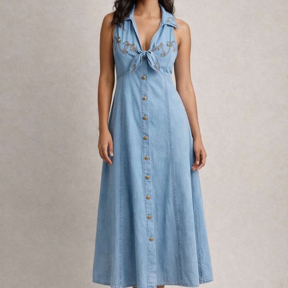 Sleeveless Light Blue Denim Midi Dress